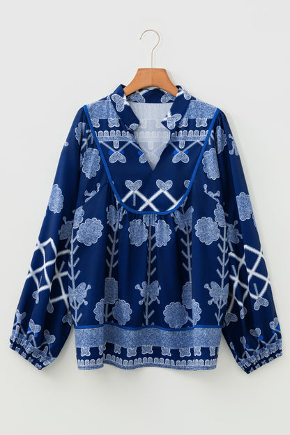Blue Plus Size Floral Printed Notched Neck Long Sleeve Blouse