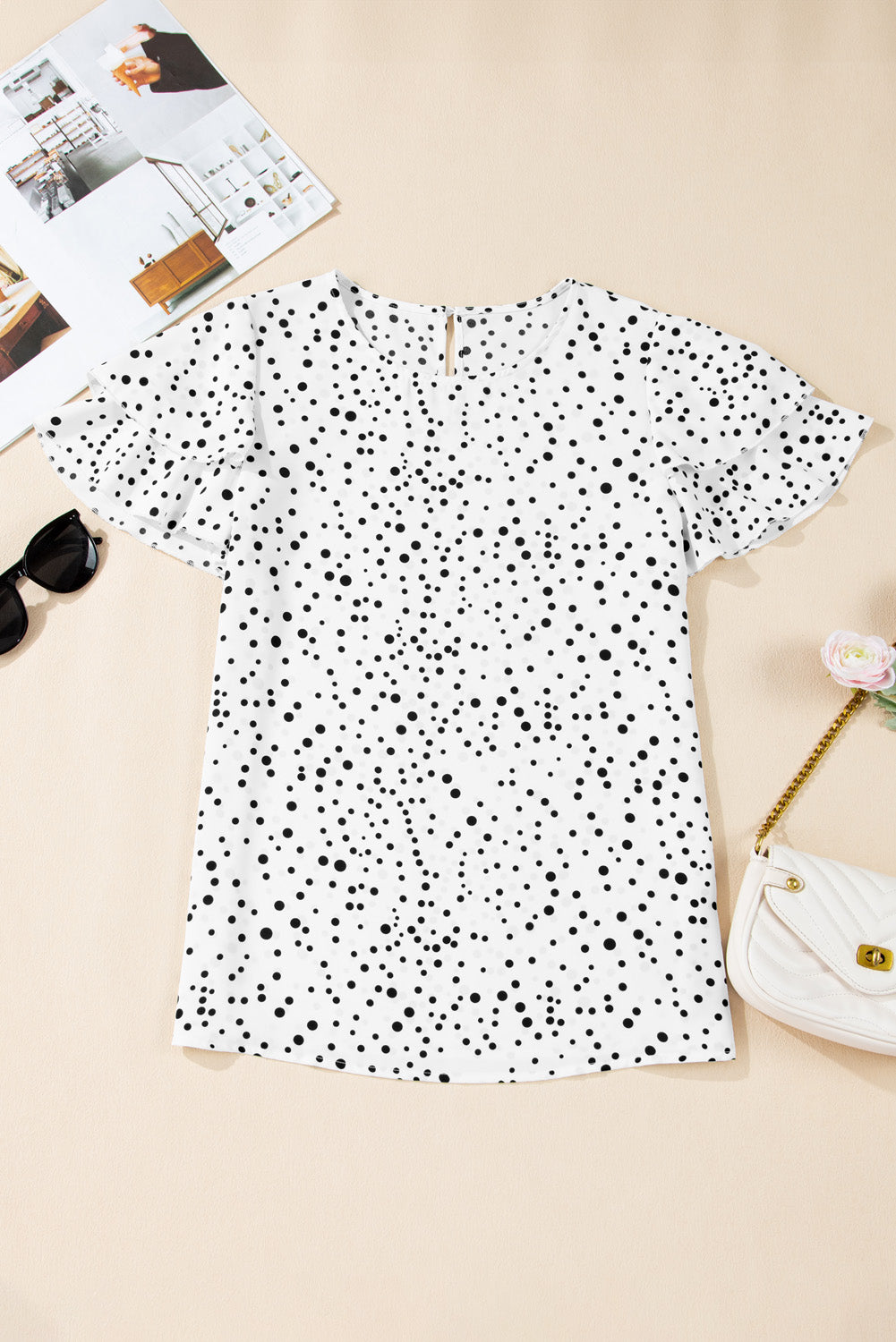 White Dalmatian Print Layered Ruffled Short Sleeve Blouse