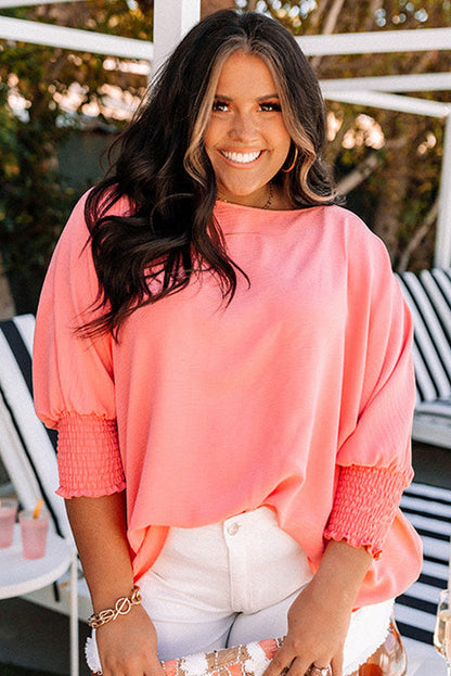 Blossom Shirred Cuffs Half Sleeve Plus Size Textured Blouse