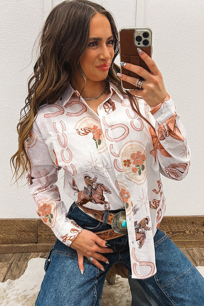 White Rodeo Cowgirl Print Western Button up Shirt