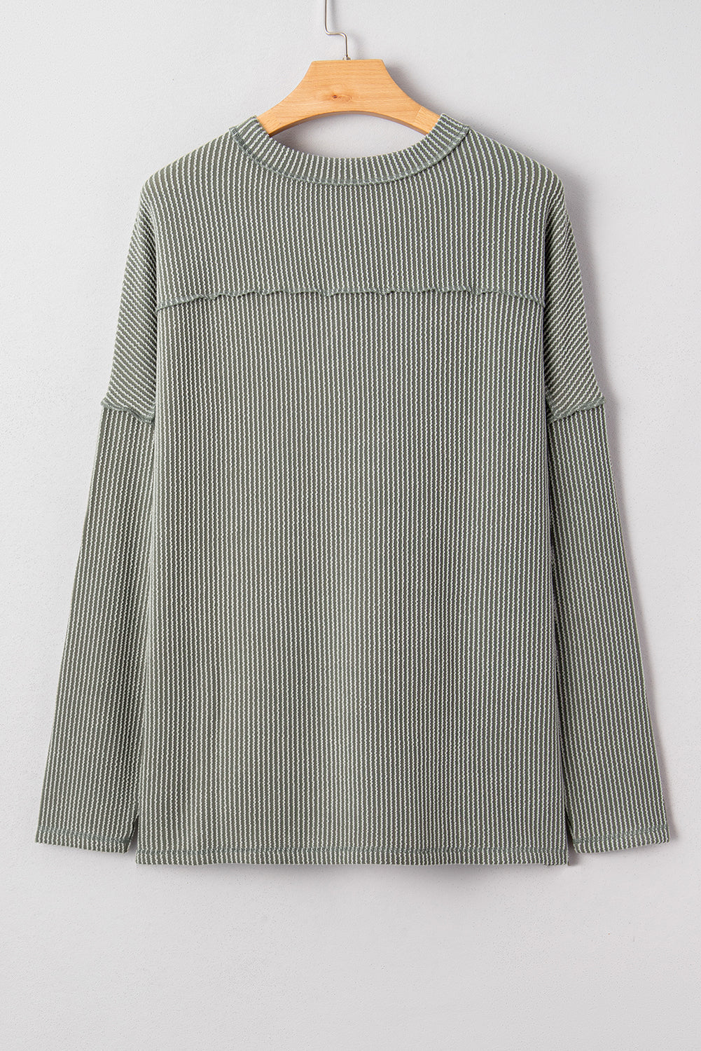 Green Bay Twist Ribbed Exposed Seam Detail Long Sleeve Loose Top