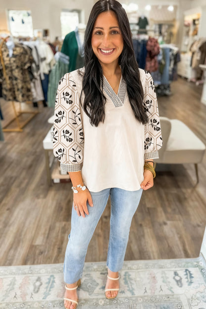 Grass Green Floral Puff Sleeve Contrast V Neck Patchwork Blouse