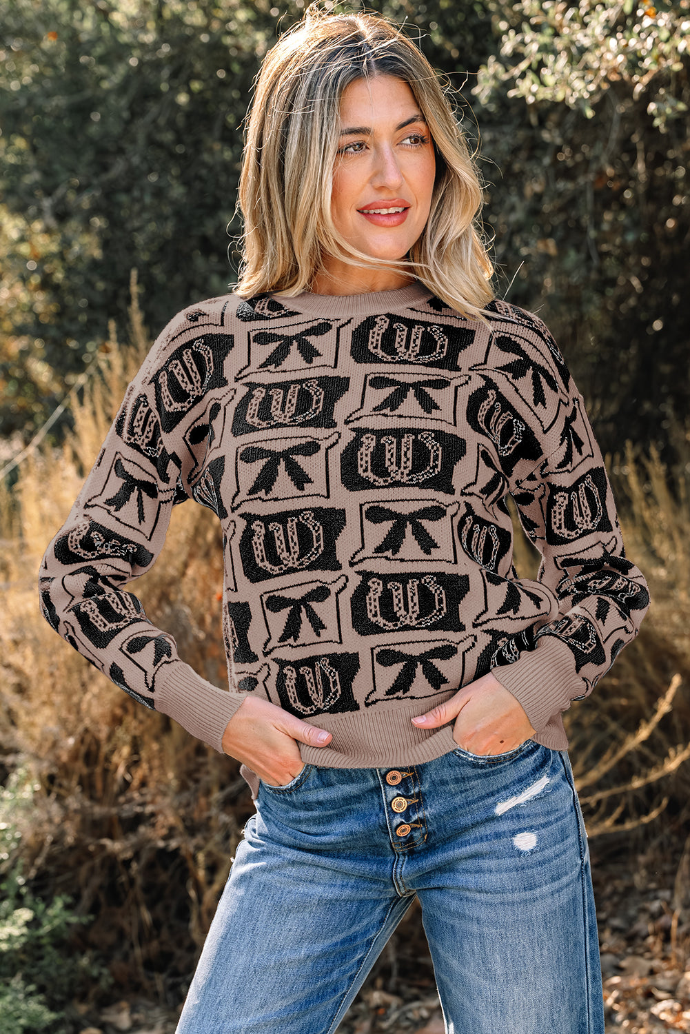 Pink Bows & Horseshoes Pattern Western Fashion Print Sweater