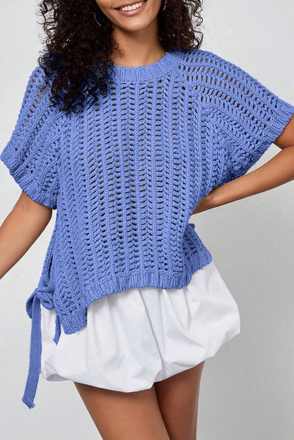 Black Plus Size Open Knit Bow Tie Short Sleeve Sweater