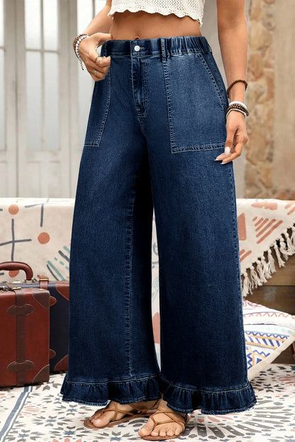 Sail Blue Plus Size Elastic Waist Ruffled Wide Leg Denim Pants