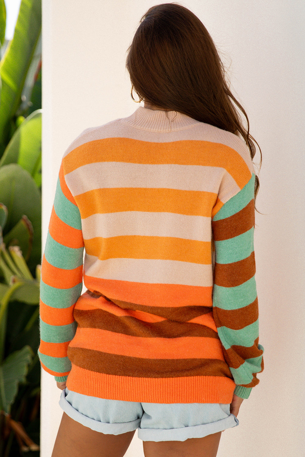 Orange Stripe Color Block High Neck Drop Shoulder Cozy Sweater