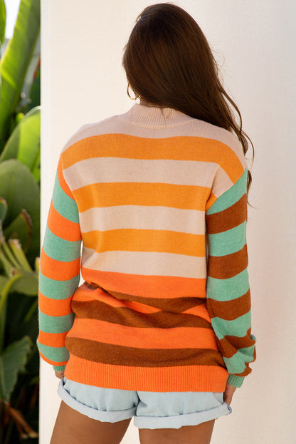 Orange Stripe Color Block High Neck Drop Shoulder Cozy Sweater