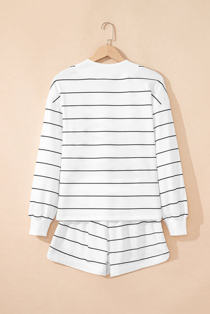 White Stripe Zip up Drop Shoulder Pullover and Short 2pcs Outfit