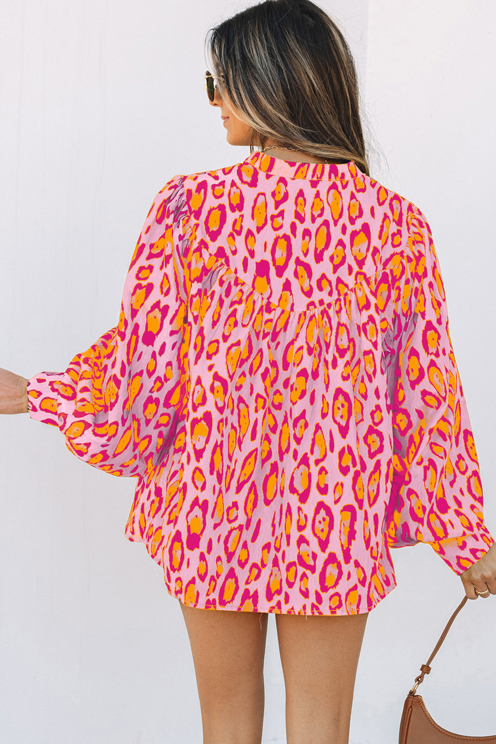 Rose Red Oversized Leopard Print Balloon Sleeve Casual Shirt