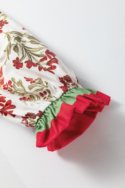 Floral Print Frilled Color Block Trim V Neck Long Sleeve Peplum Top