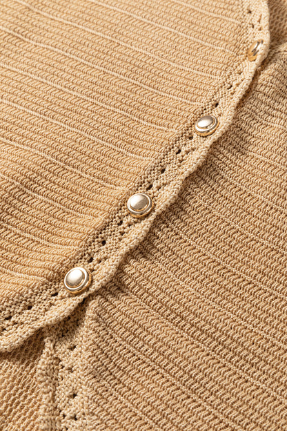 Pale Khaki Hollow out Trim Buttoned Front Boho Sweater Vest