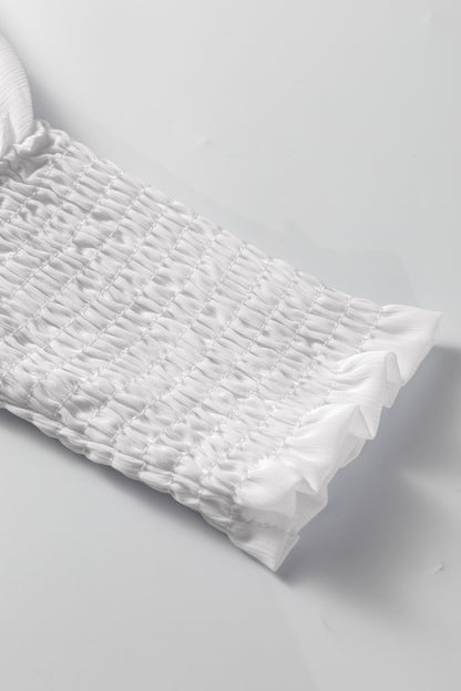 White Smocked Cuffs Semi Sheer Long Sleeve Dolman Blouse