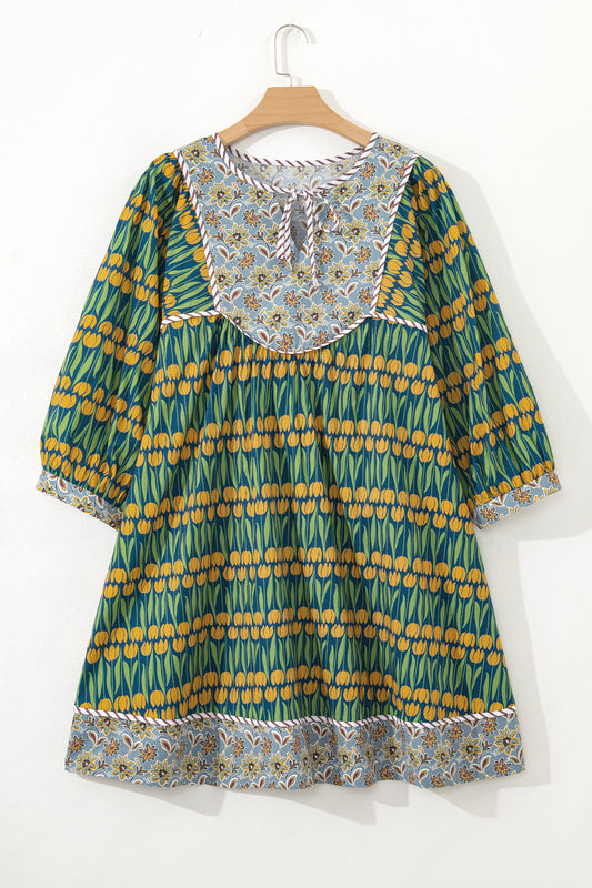 Green Plus Size Mixed Floral Print Striped Trim Loose Mini Dress