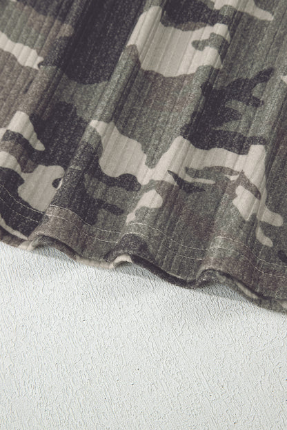 Gray Camouflage Print Ribbed Knit Round Neck Tank Top