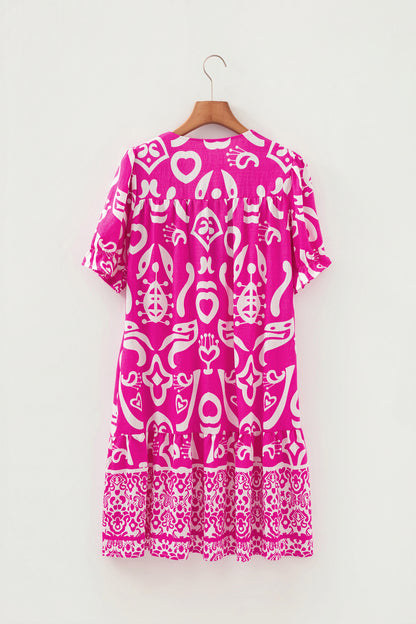 Rose Boho Mixed Print Contrast Trim V Neck Short Sleeve Flared Dress