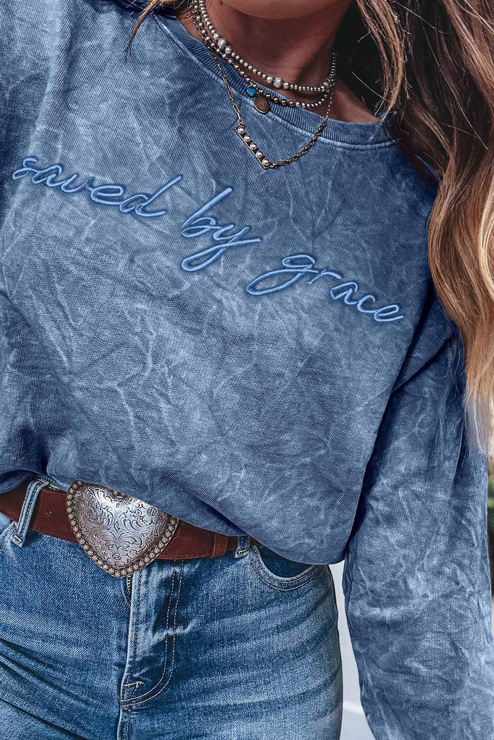 High-rise saved by grace Letter Embroidery Mineral Wash Loose Sweatshirt