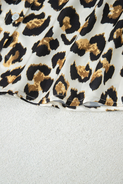 Khaki Leopard Print Ruffle Trim 3/4 Sleeve Loose Shirt