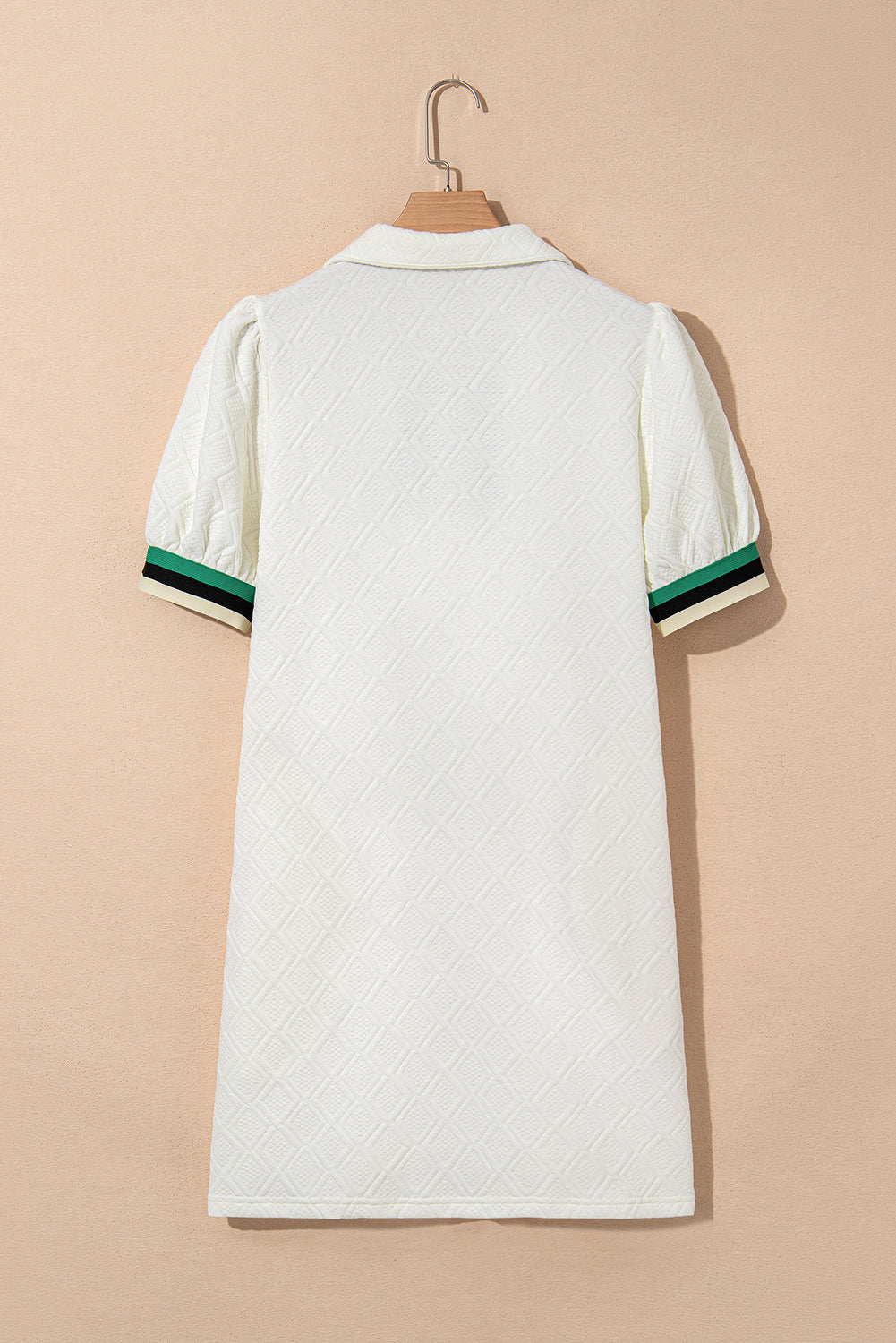 White Textured Jacquard Colorblock Edge Puff Sleeve Quarter Zip Mini Dress