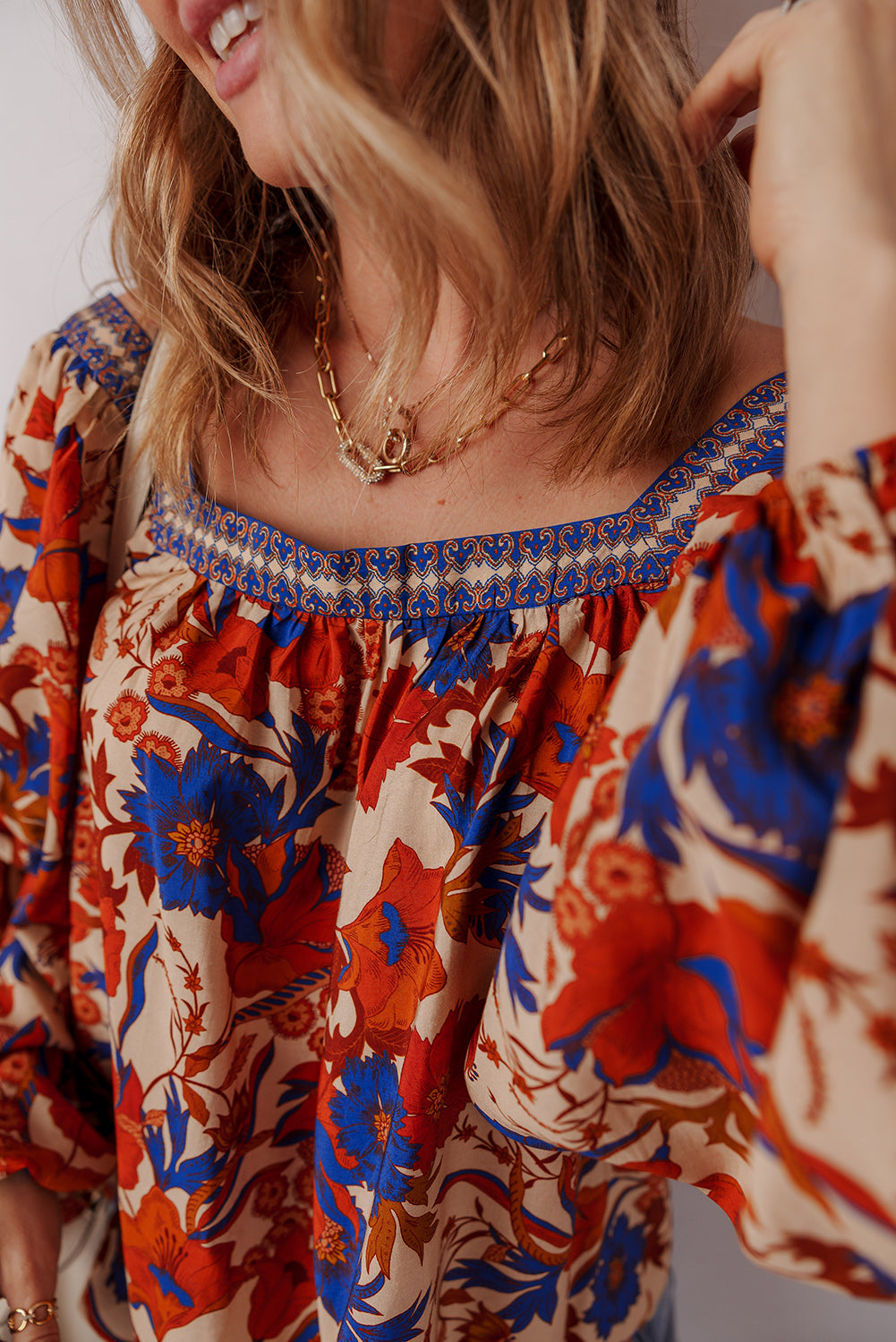 Multicolour Floral Print Square Neck Backless Loose Fit Blouse