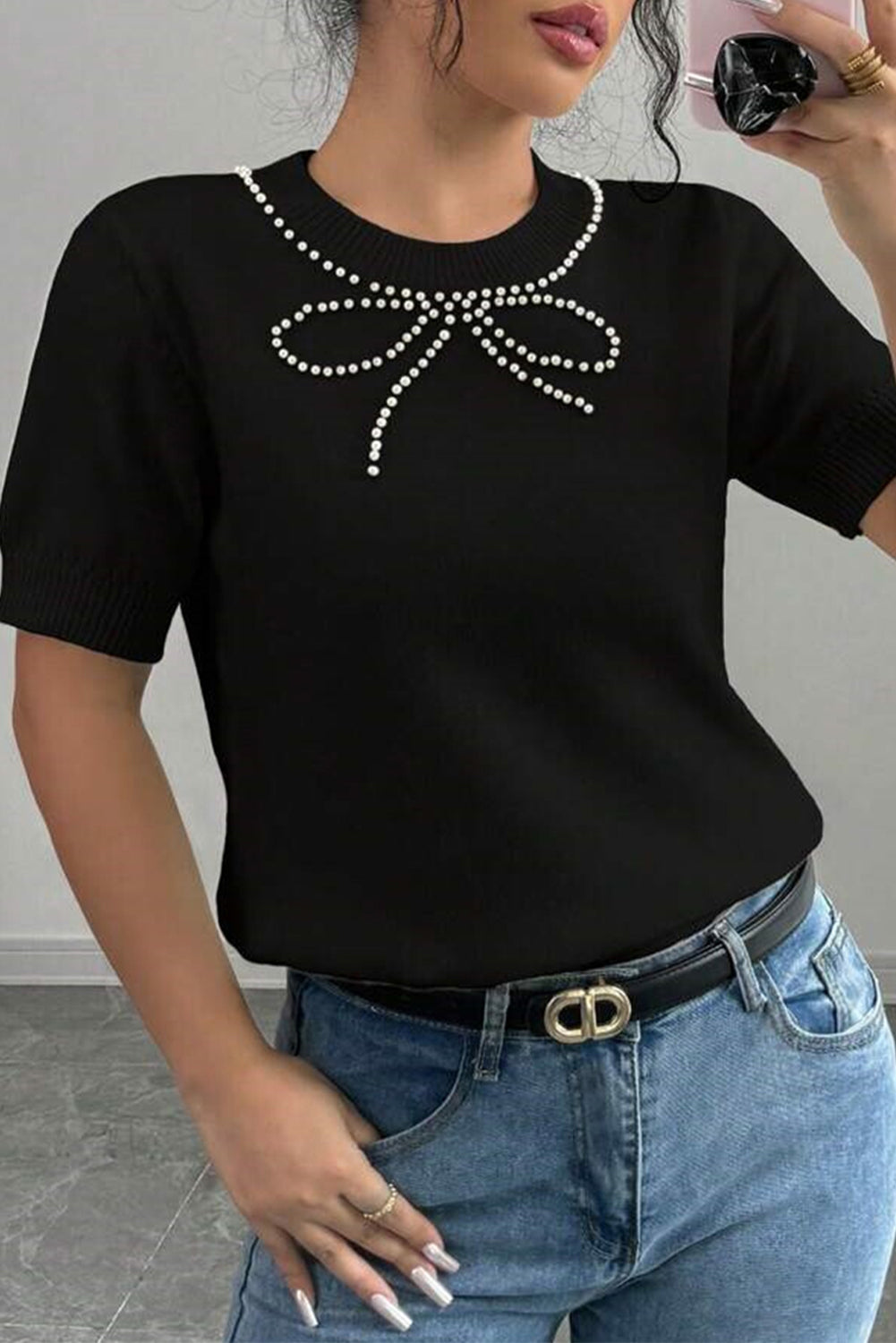 Black Pearl Bow Necklace Embellished Short Sleeve Knitted T Shirt