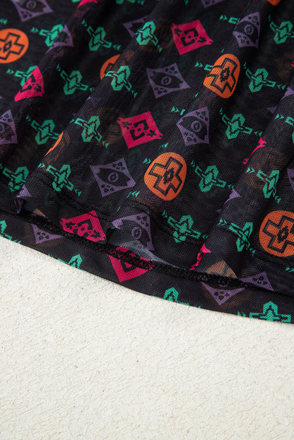 Black Western Aztec Printed Long Sleeve Mesh Top