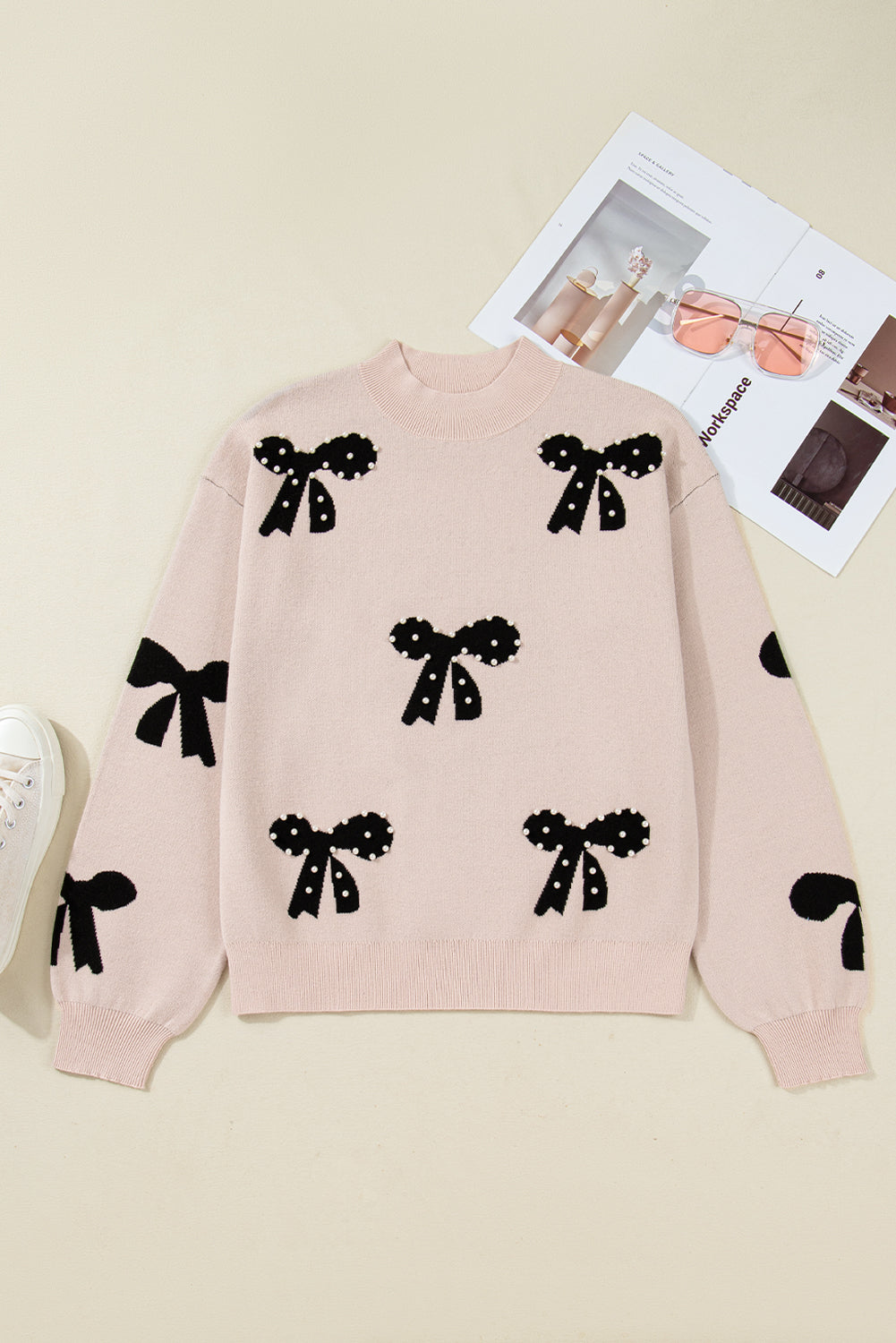 Smoke Gray Pearl Embellished Bow Pattern Loose Sweater