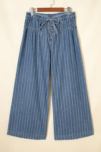 Sky Blue Stripe Button Pleated Drawstring Waist Casual Wide Leg Jeans