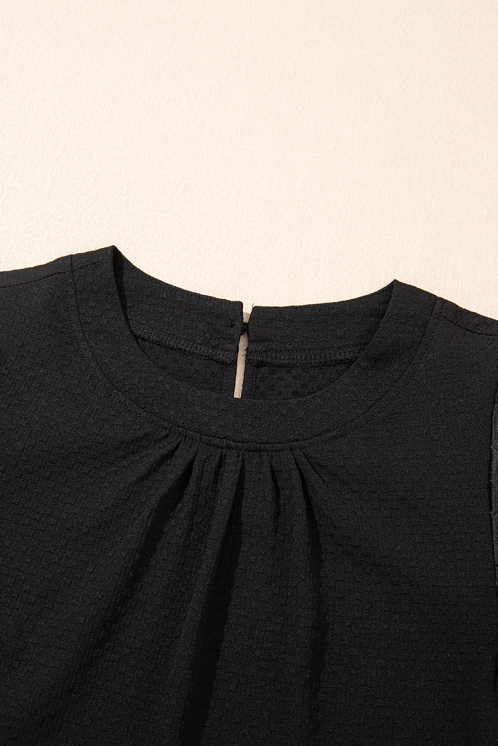 Black Feather Bubble Sleeve Patchwork Textured Blouse