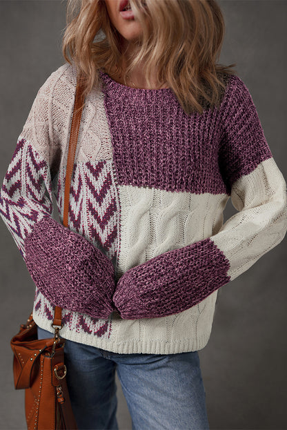 Purple Color Block Patchwork Knotted Back Loose Fit Sweater
