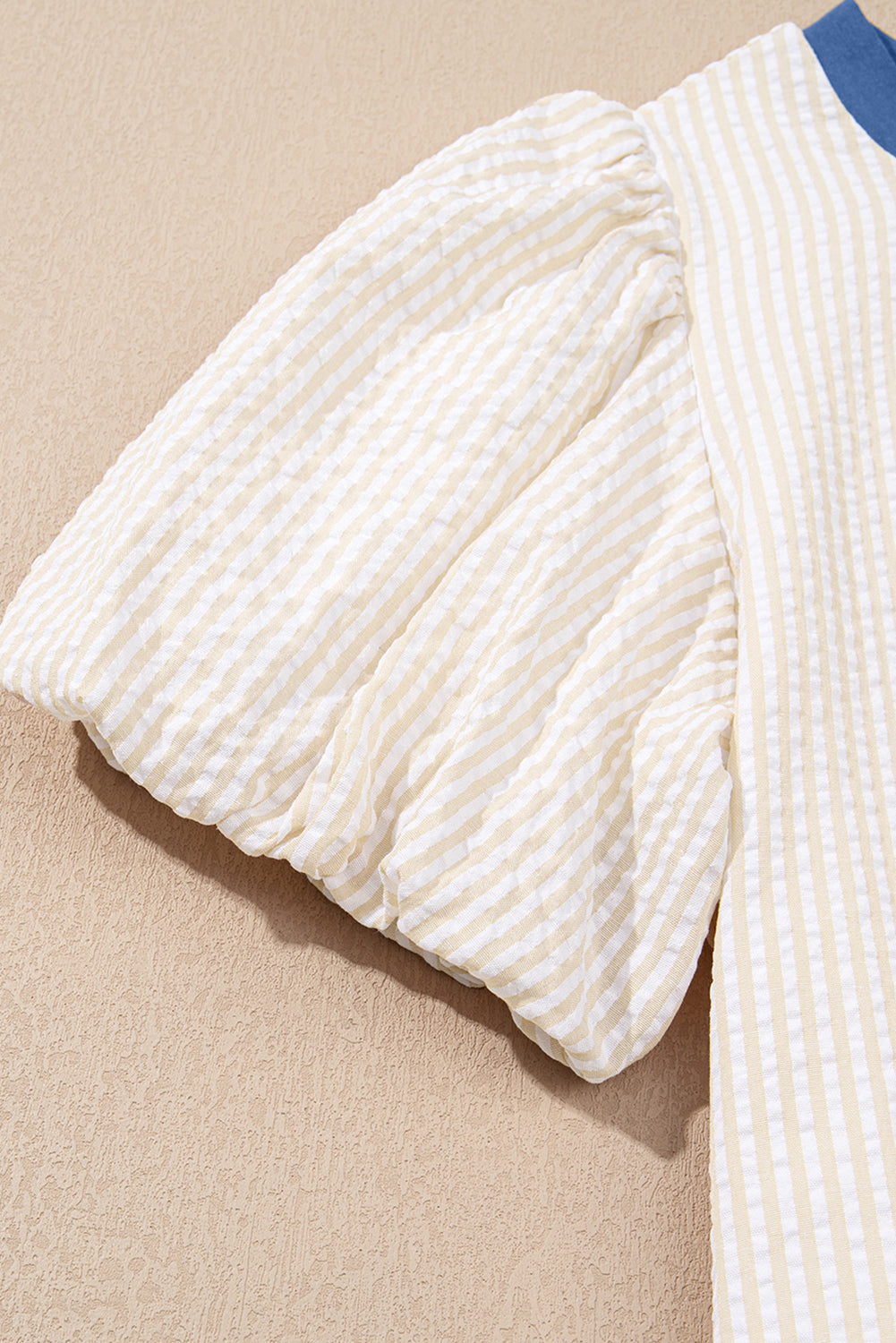 Beige Stripe Seersucker Contrast Round Neck Puff Sleeve T Shirt Dress