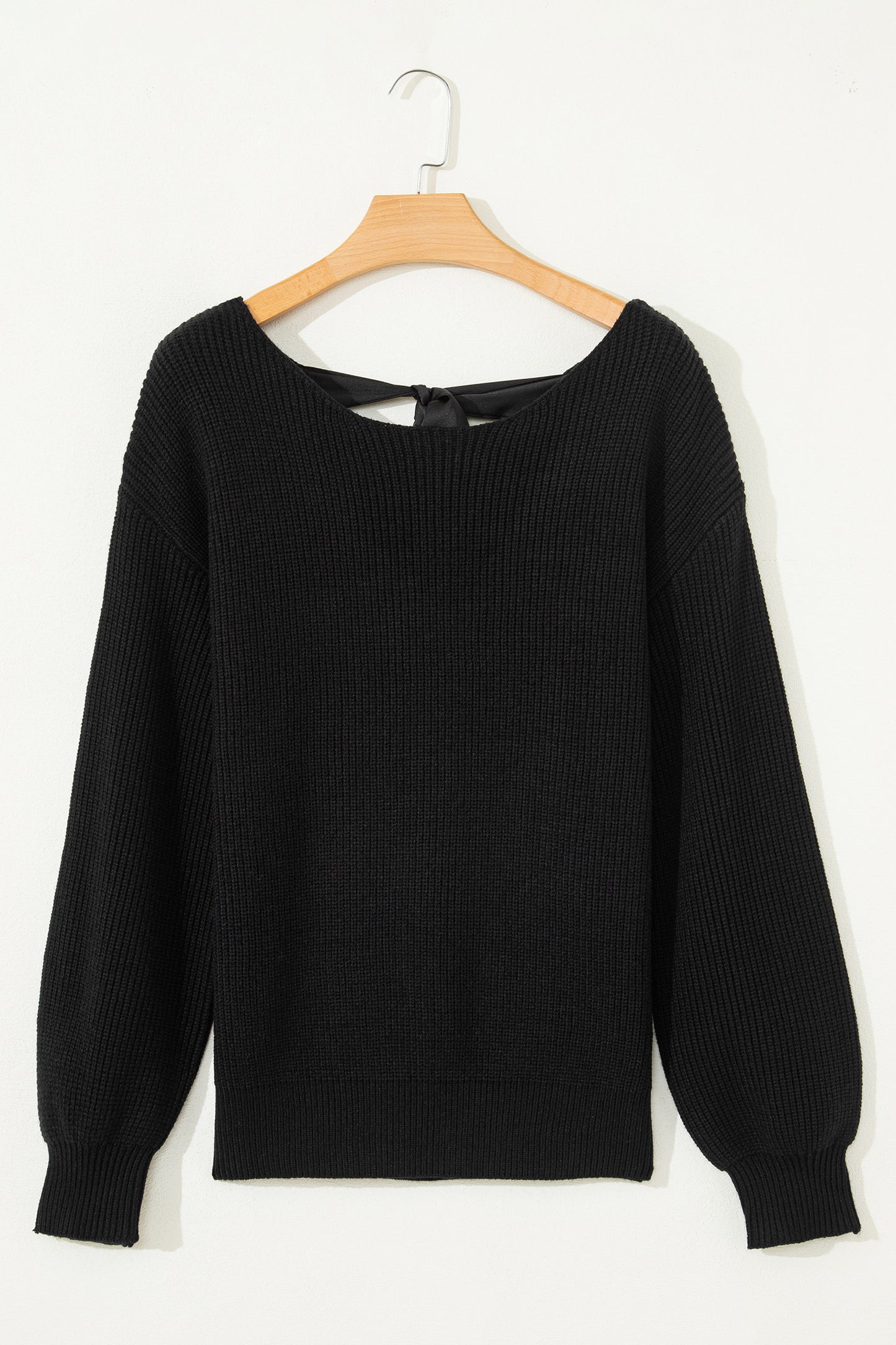 Black Ribbed Knit Ribbon Knot Backless Drop Shoulder Sweater