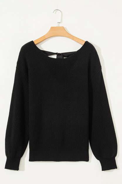 Black Ribbed Knit Ribbon Knot Backless Drop Shoulder Sweater