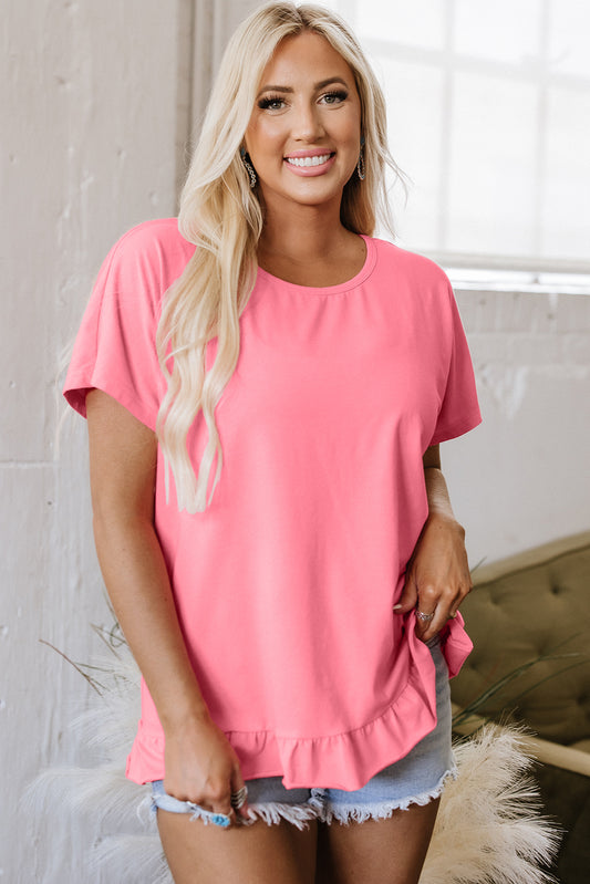 Pink Frilled Hem Loose T-Shirt