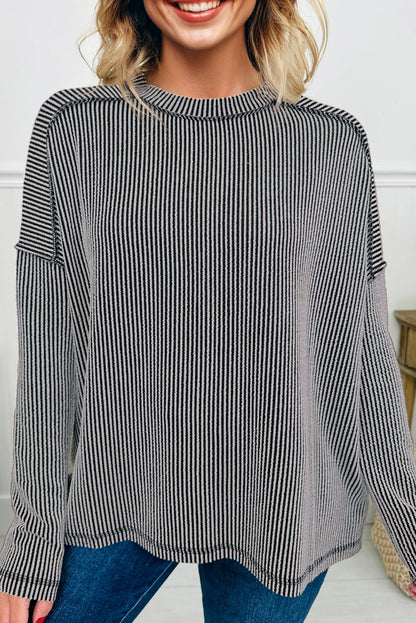 Dark Khaki Twist Ribbed Exposed Seam Detail Long Sleeve Loose Top
