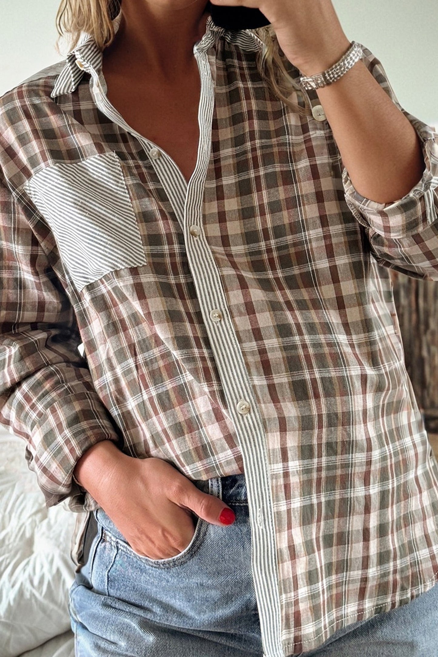 Brown Plaid Print Striped Patchwork Single Chest Pocket Buttoned Shirt