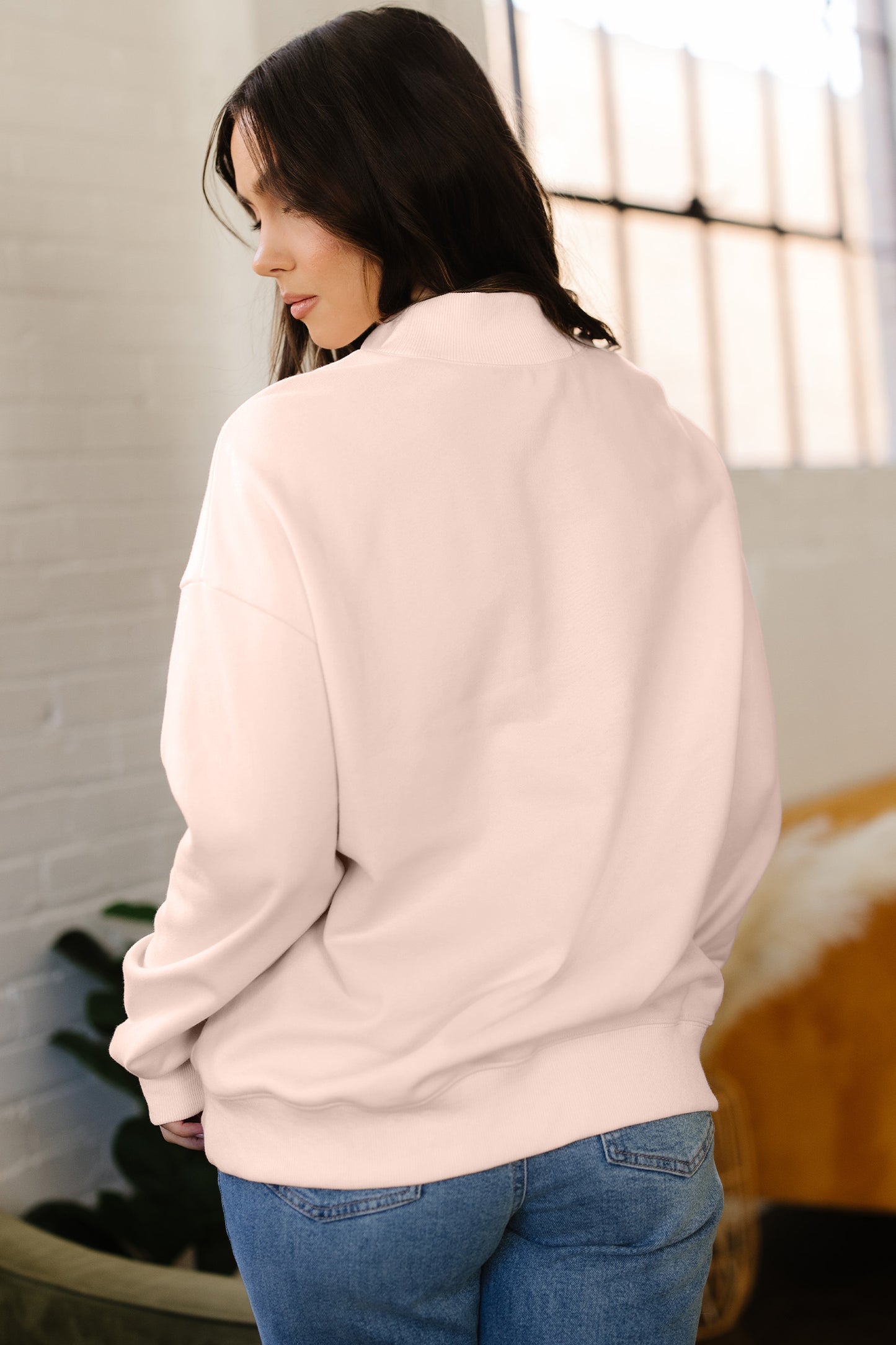 Apricot Pink Oversize Mock Neck Sweatshirt