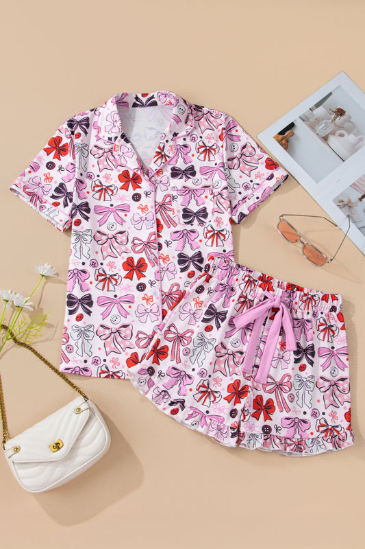 Pink Cute Ribbon Bows Printed Shirt Style 2pcs Short Pajama Set