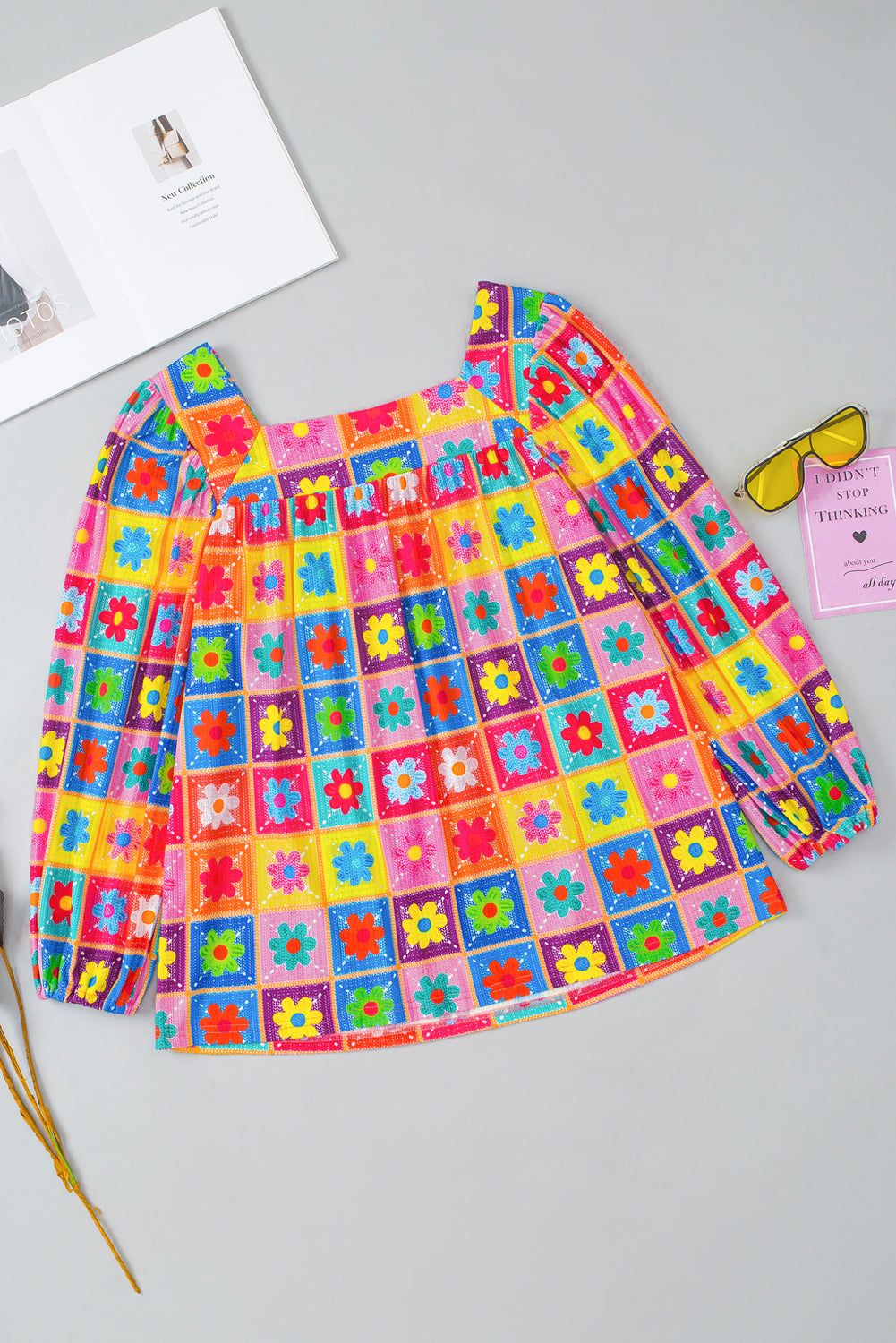 Multicolor Floral Pattern Square Neck Puff Sleeve Blouse