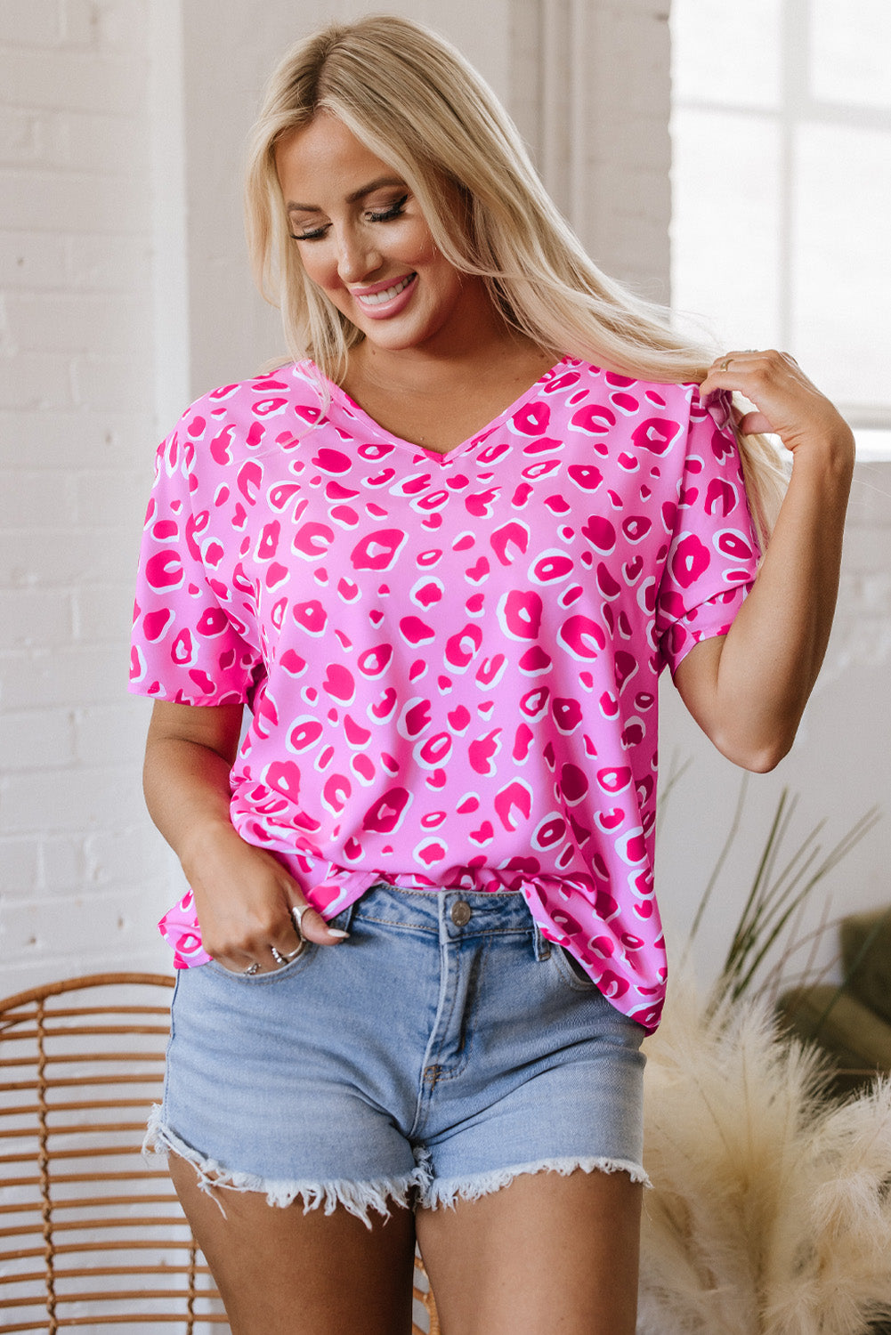 Pink Leopard V Neck Loose Short Sleeve Top