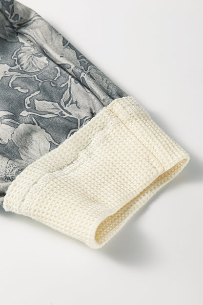 White Waffle Printed Patchwork Drawstring Hooded Long Sleeve Top