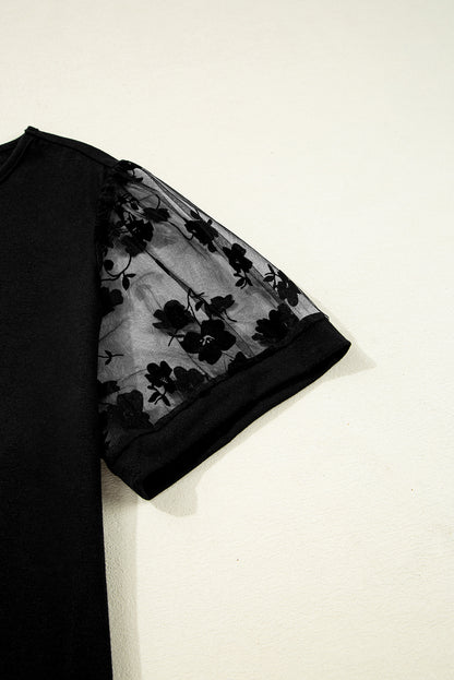 Black Floral Mesh Patchwork Loose V Neck Plus Size T Shirt