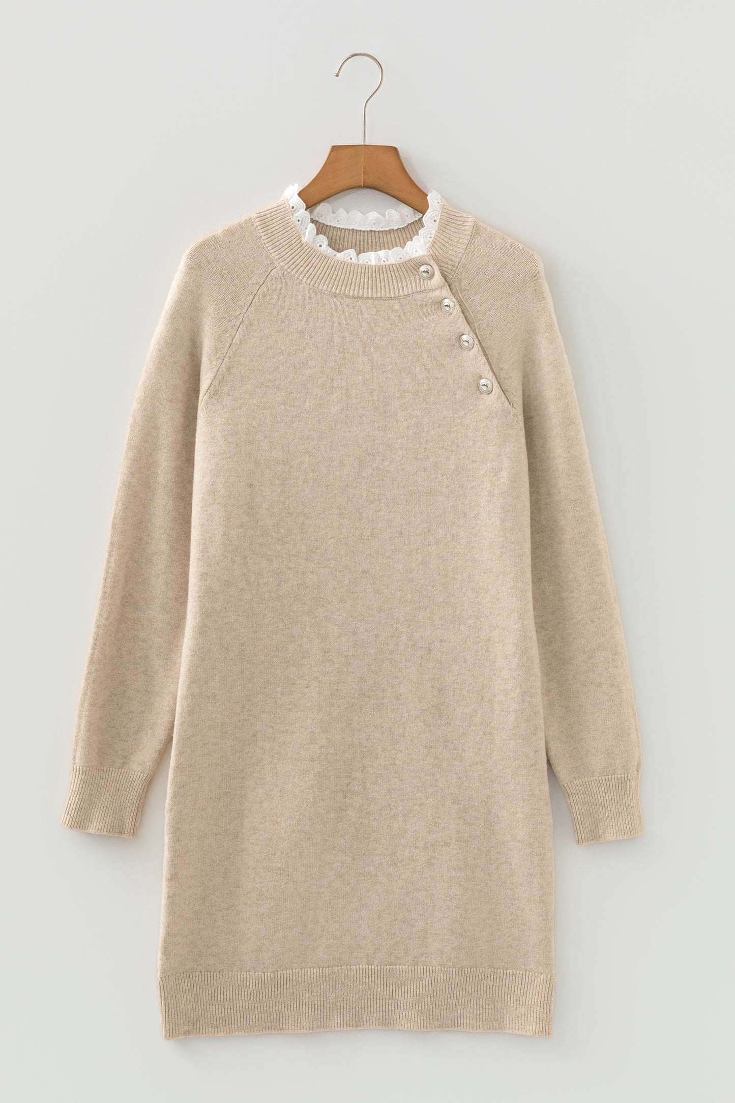 Parchment Button Lace Detail Raglan Sleeve Shift Mini Sweater Dress