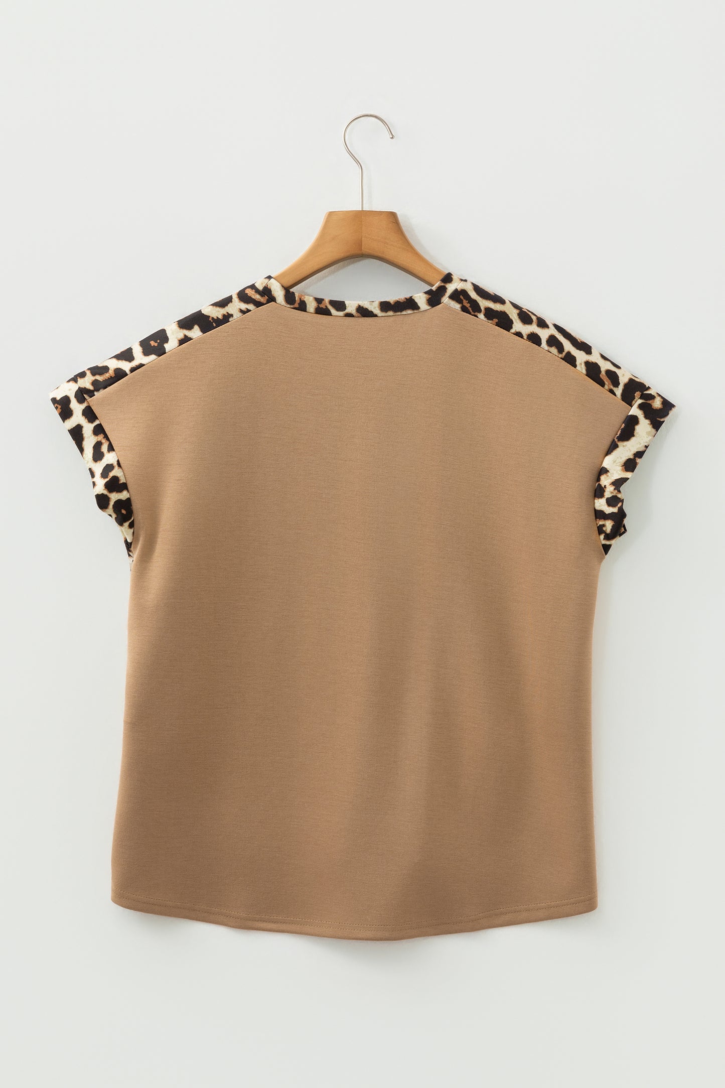 Light French Beige Leopard Trim Round Neck Loose T Shirt