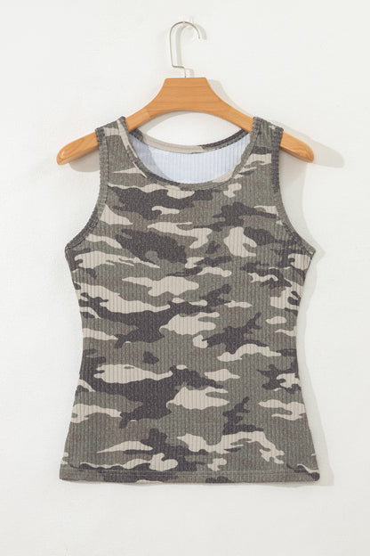 Gray Camouflage Print Ribbed Knit Round Neck Tank Top