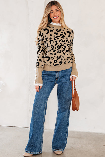 Dearlovers Brown Leopard Pattern Lace Ribbed Detail Button Cuffed Sweater