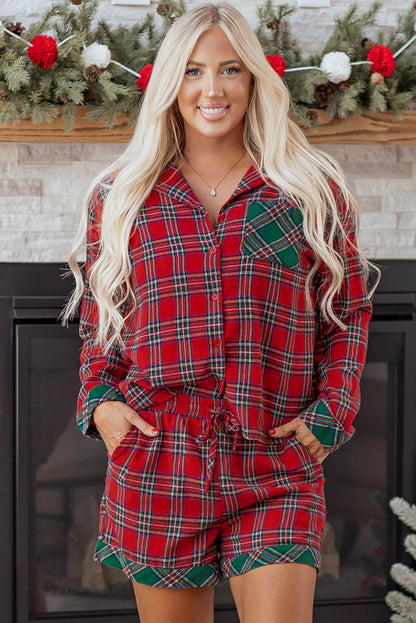 Green Plaid Contrast Patched Christmas Holiday Long Sleeve Shirt and Short 2pcs Pajama Set