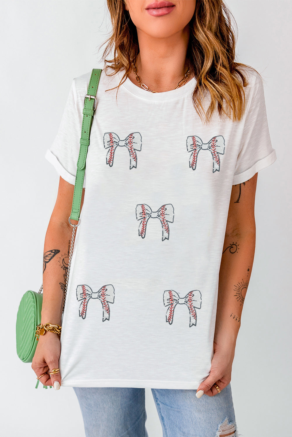 White Glitter Baseball Bow Patched Cotton Blend T Shirt