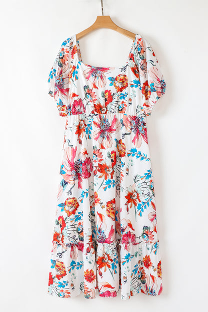 White Floral Square Neck Puff Sleeve Flowy Plus Size Midi Dress