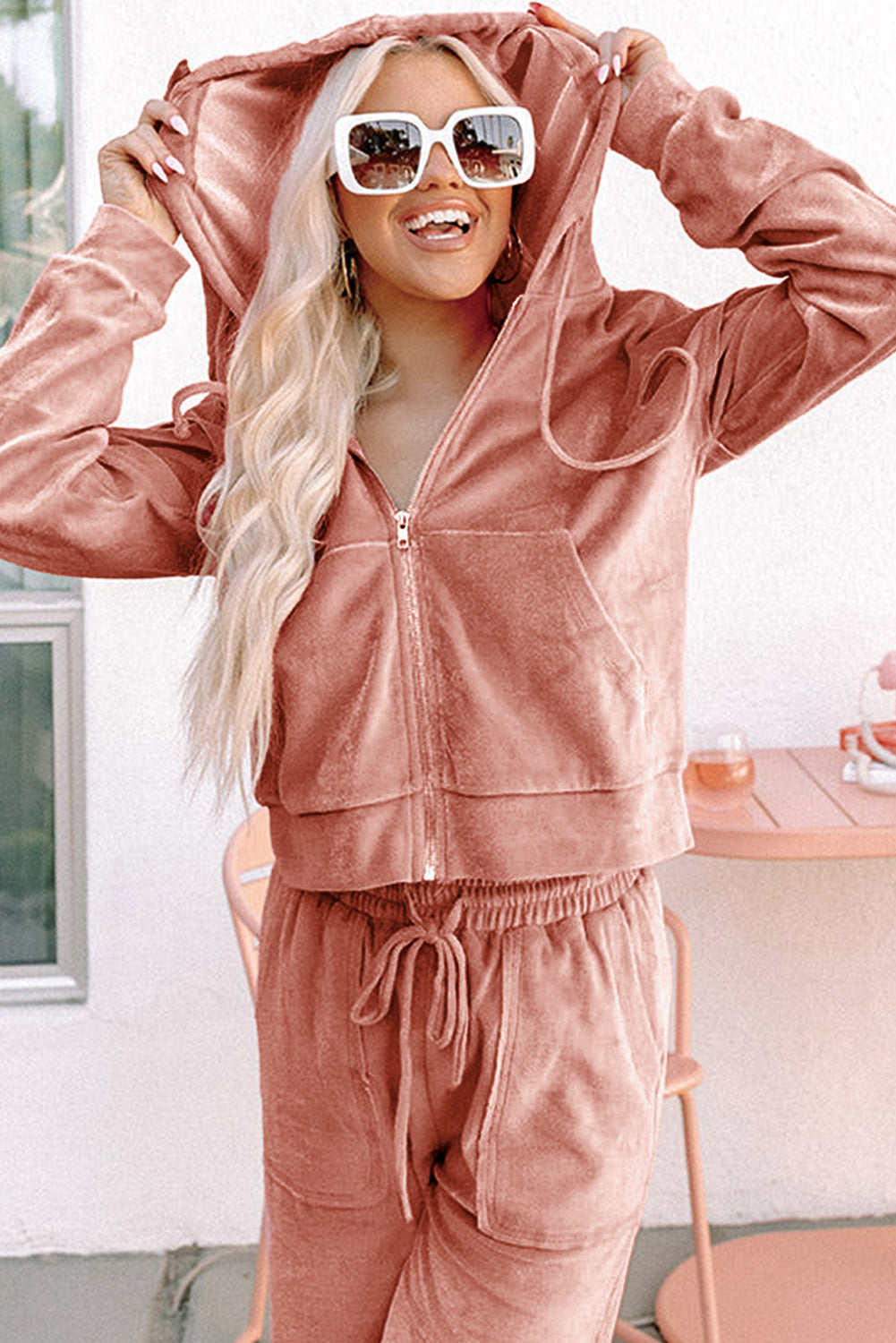 Peach Blossom Velvet Zip-up Hoodie and Wide Leg Pants Set