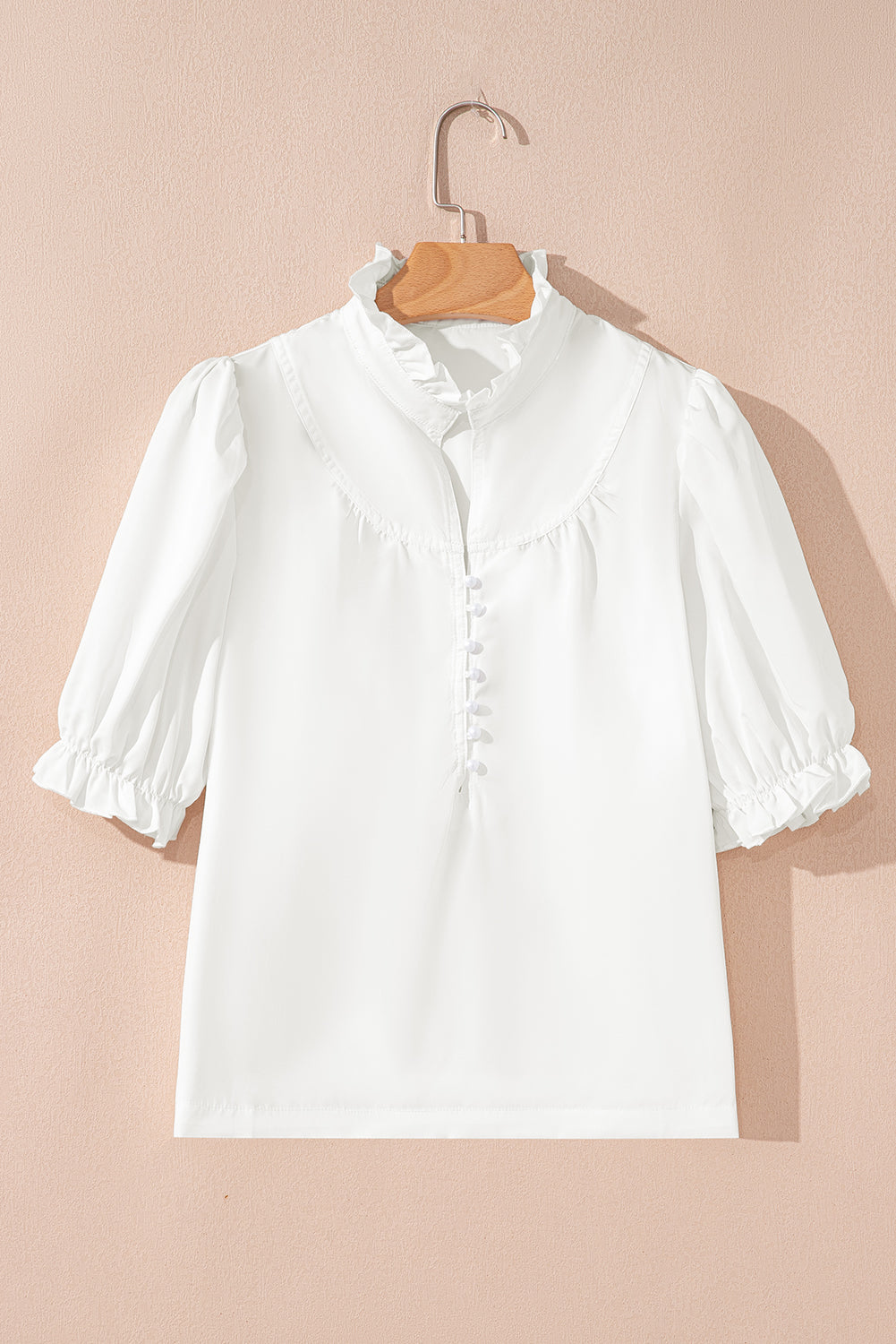 White Frilled Edge Half Button Stand Neck Bubble Sleeve Blouse